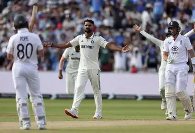 Akash Deep celebrates after dismissing Joe Root.